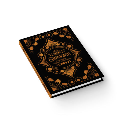 Luxurious black Grimoire with golden celestial patterns. Front reads "GRIMOIRE: A Treasury of Personal Enchantments". Back features mystical poem